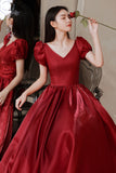 Red V-Neck Satin Long Prom Dress, A-Line Evening Dress HZ0429