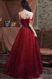 Burgundy Tulle Beaded Long Prom Dress, Off the Shoulder Evening Dress HZ0429