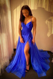 Blue V-Neck Tulle Long Prom Dress, A-Line Backless Evening Dress HZ0429