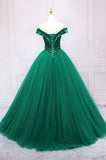 Green Tulle Long A-Line Ball Gown, Off the Shoulder Evening Dress HZ0429