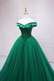 Green Tulle Long A-Line Ball Gown, Off the Shoulder Evening Dress HZ0429