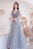 Gray V-Neck Tulle Sequins Long Prom Dresses, A-Line Evening Dresses HZ0429