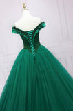 Green Tulle Long A-Line Ball Gown, Off the Shoulder Evening Dress HZ0429