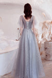 Gray V-Neck Tulle Sequins Long Prom Dresses, A-Line Evening Dresses HZ0429