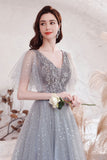 Gray V-Neck Tulle Sequins Long Prom Dresses, A-Line Evening Dresses HZ0429