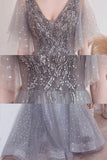 Gray V-Neck Tulle Sequins Long Prom Dresses, A-Line Evening Dresses HZ0429