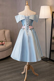 Blue Satin Off the Shoulder Prom Dresses, A-Line Homecoming Dresses HZ0429