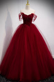 Burgundy Tulle Long A-Line Prom Dress, Burgundy Evening Party Dress HZ0429