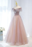 Pink Tulle Beaded Long Formal Dress, Pink V-Neck Prom Dress HZ0429