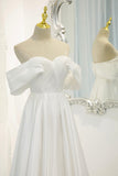 White Satin Long Prom Dress, Off the Shoulder Evening Dress HZ0429