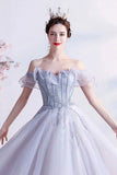 Gray Tulle Off the Shoulder Prom Dress, A-Line Evening Dress HZ0429