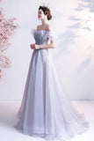 Gray Tulle Off the Shoulder Prom Dress, A-Line Evening Dress HZ0429