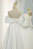 White Satin Long Prom Dress, Off the Shoulder Evening Dress HZ0429