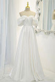 White Satin Long Prom Dress, Off the Shoulder Evening Dress HZ0429