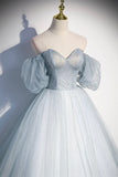 Blue Tulle Long A-Line Prom Dress, Blue Off the Shoulder Evening Dress HZ0429