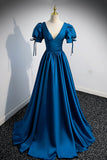Blue V-Neck Satin Long Prom Dress, Simple A-Line Evening Dress HZ0429