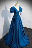 Blue V-Neck Satin Long Prom Dress, Simple A-Line Evening Dress HZ0429