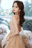 Spaghetti Strap Tulle Sequins Long Evening Dress, A-Line Graduation Dress HZ0429