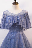 Blue Tulle Sequins Long Prom Dress, A-Line Blue Evening Dress HZ0429
