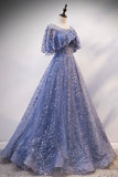 Blue Tulle Sequins Long Prom Dress, A-Line Blue Evening Dress HZ0429