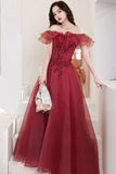 Burgundy Off the Shoulder Tulle Long Formal Dresses, A-Line Evening Dresses HZ0429