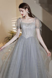 Gray Tulle Beaded Tea Length Prom Dress, A-Line Evening Dress HZ0429