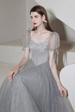 Gray Tulle Beaded Tea Length Prom Dress, A-Line Evening Dress HZ0429