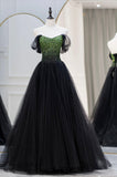 Black Tulle Long A-Line Prom Dress, Black Evening Dress with Green Beaded HZ0429