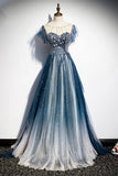 Blue Tulle Long Prom Dresses, A-Line Formal Evening Dresses HZ0429