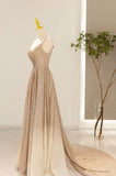 Gold V-Neck Sequins Long Prom Dress, A-Line Evening Party Dress HZ0429