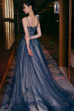 Blue Spaghetti Strap Long Prom Dresses, Blue A-Line Graduation Dresses HZ0429