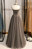 Gray Tulle Spaghetti Strap Long Prom Dresses, A-Line Evening Dresses HZ0429