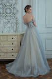 Gray Tulle Beaded Long Prom Dress, A-Line Off the Shoulder Evening Dress HZ0429