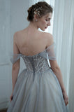 Gray Tulle Beaded Long Prom Dress, A-Line Off the Shoulder Evening Dress HZ0429