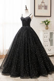 Black Tulle Long A-Line Long Prom Dresses, Black Evening Party Dresses HZ0429