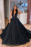 Black V-Neck Lace Long Ball Gown, A-Line Evening Party Dress HZ0429