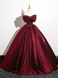 Burgundy Satin Floor Length Prom Dress, Burgundy A-Line Off the Shoulder Evening Party Dress HZ0429