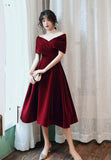 Burgundy Velvet Short Prom Dresses, A-Line Off the Shoulder Evening Dresses HZ0429