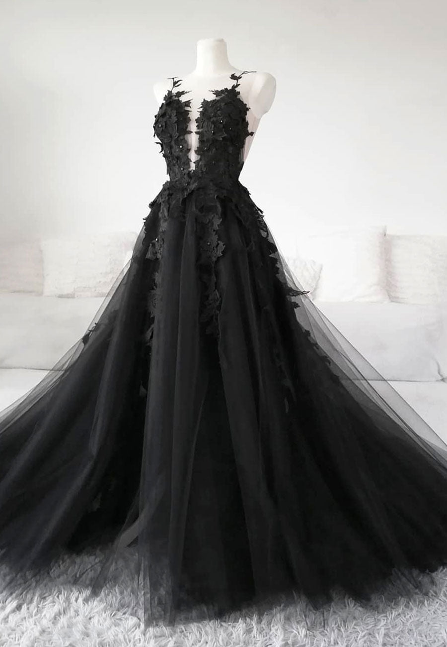 Black Tulle Lace Long Prom Dress, Black Formal Graduation Dress HZ0429 – vleaqs