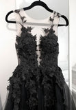 Black Tulle Lace Long Prom Dress, Black Formal Graduation Dress HZ0429