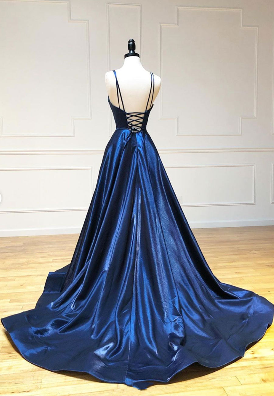 simple a line dark blue satin long prom dress A-Line Off Shoulder Satin Dark Blue Long Prom Dress, Dark Blue Long Formal  Dress
