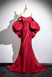 Burgundy Satin Long Prom Dress, Mermaid Spaghetti Strap Party Dress HZ0429