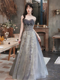 Gray Tulle Sequins Long Prom Dress, Lovely A-Line Evening Party Dress HZ0429