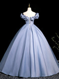 Blue Tulle Pleated Long Prom Dress, Elegant A-Line Evening Party Dress HZ0429