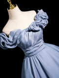 Blue Tulle Pleated Long Prom Dress, Elegant A-Line Evening Party Dress HZ0429