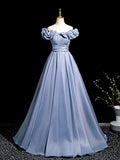 Blue Tulle Pleated Long Prom Dress, Elegant A-Line Evening Party Dress HZ0429