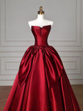 Burgundy Satin Long Prom Dress, A-Line Strapless Evening Party Dress HZ0429