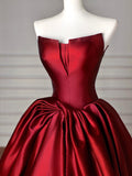 Burgundy Satin Long Prom Dress, A-Line Strapless Evening Party Dress HZ0429