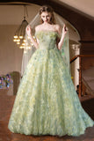 Green Strapless Tulle Long Prom Dress, Beautiful A-line Evening Party Dress HZ0429