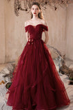 Burgundy Tulle Sequins Long Prom Dress, Beautiful A-Line Party Dress HZ0429